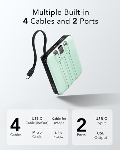 VRURC 10,000 m Ah USB C Portable Charger – Fast Charging Power Bank with Built-in Cable for i Phone 16/15/14, Galaxy S23/S22, Google Pixel & More – Lightweight Green Design for Ultimate Mobility and Reliability
