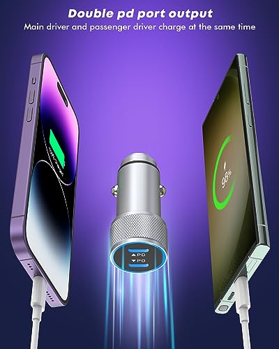Effortless Power on the Go: 40 W Dual USB-C Fast Car Charger for i Phone with 2 Lightning Cables – Rapid Charging for i Phone 14/13/12/11 Pro Max and i Pads, Enhanced Compatibility, and Built-in Safety Features for Ultimate Device Protection