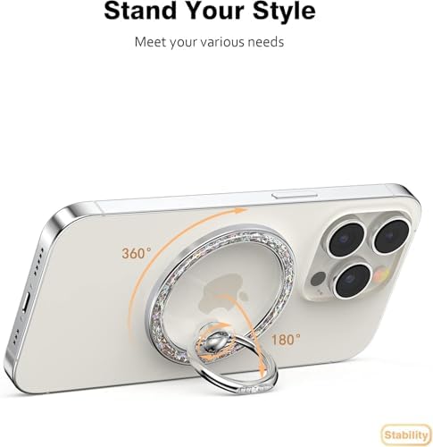 Allengel Bling Silver Magnetic Phone Grip – Stylish Mag Safe-Compatible Ring Holder & Kickstand for i Phone and Smartphones – 360-Degree Rotation, Secure Grip, and Elegant Design for Effortless Hands-Free Experience
