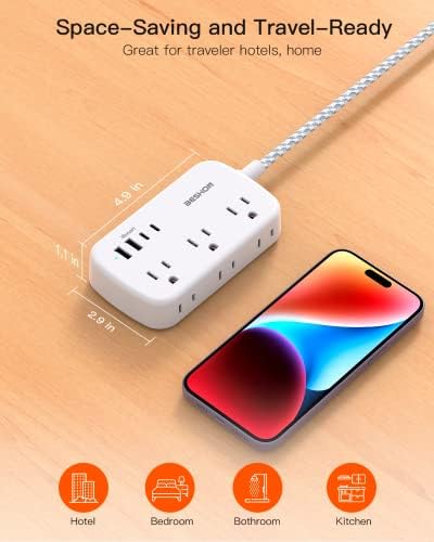 BESHON 5 FT Flat Plug Power Strip with 6 Outlets and 4 USB Ports – Ideal Travel Companion for Dorm Rooms and Cruise Ships, Space-Saving Design for Enhanced Accessibility and Fast Charging