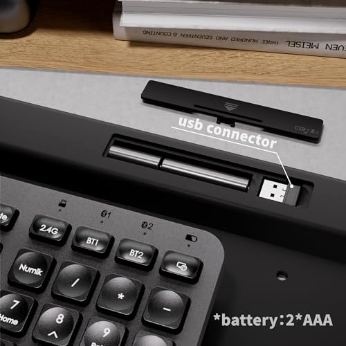 Sleek Gunmetal Bluetooth Wireless Keyboard – Ergonomic Silent Typing for Windows & i Pad – Plug & Play USB Receiver for Effortless Connectivity – Ideal for Travel and Home Office – Enhance Productivity with Dual Connectivity and Modern Design