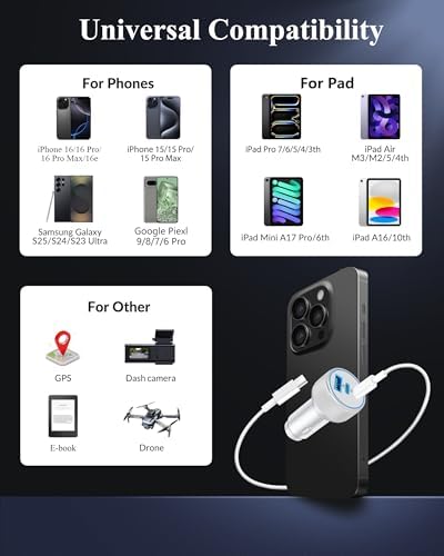 Premium 3-Port 67 W USB-C Car Charger for i Phone 16 & 15 – Dual Pack Fast Charging Adapter with Two 3 FT Cables – Multi-Device Compatibility for i Pads & Air Pods – Compact, Durable Design for Road Trips & Daily Commutes