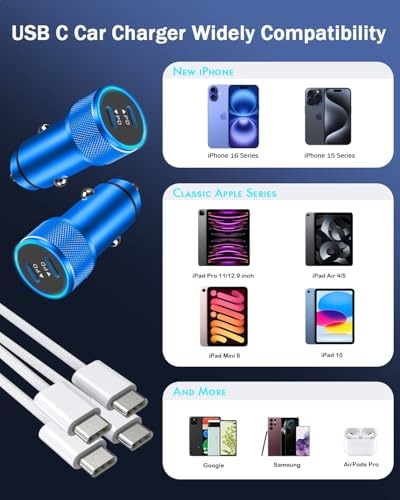 Fast Charge Dual USB-C Car Charger for i Phone 16/16 Pro Max/15 with Braided Nylon Cable – High-Speed PD3.0 Adapter for Convenient On-the-Go Charging – Durable, Compact Design for i Pad Compatibility – Tangle-Free Solution for Everyday Use – Essential Road Trip Companion