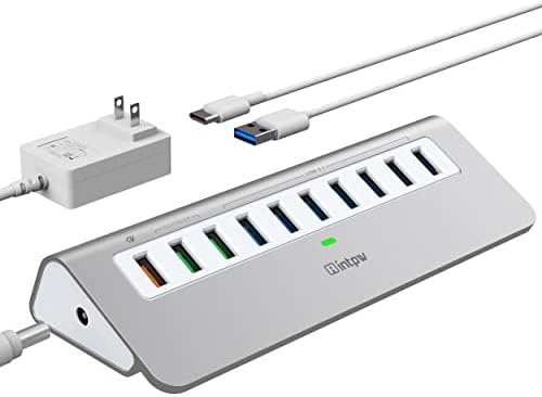 Ultimate 10-Port USB Hub 10 Gbps – Powered Aluminum Data Hub with 7 USB 3.1 Ports & 3 Fast Charging Ports for Mac, PC, and Laptop – 36 W Power Adapter Included, Type A & C Connectivity for Enhanced Performance and Speed