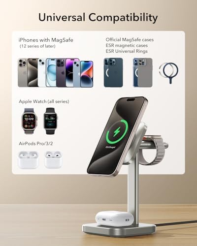 ESR Qi2 3-in-1 Wireless Charging Station – Fast 15 W Mag Safe Charger for i Phone 16/15/14/13, Certified Apple Watch & Air Pods Charger, Sleek White Design for Home or Office – Ultimate Multi-Device Charging Solution with Enhanced Compatibility and Speed