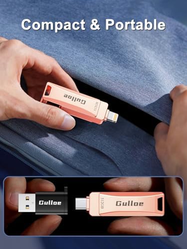 Gulloe 512 GB Flash Drive for i Phone, i Pad, Android & PC – Effortless Plug and Play USB Memory Stick with No App Needed, Sleek Metal Silver Design for Fast Photo and Video Backup, Perfect Storage Expansion Solution