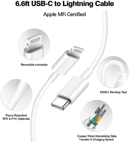 20 W Dual-Port Fast Charger for i Pad: Rapid Charging Solution with 6.6 ft USB-C to Lightning Cable – Compatible with i Pad 9/8/7/6/5, i Pad Air 2/3, i Pad Mini 3/4/5, Compact & Portable Foldable Wall Adapter for Dual Device Charging
