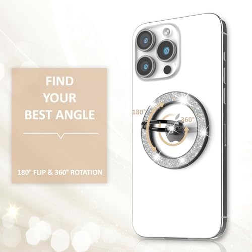 Stylish Glitter Magnetic Phone Ring Holder for Mag Safe – Enhanced Grip & Versatile Stand for i Phone and Android – 2024 Fashion Accessory with 360° Rotation & 180° Flip – Perfect Gift for All Ages