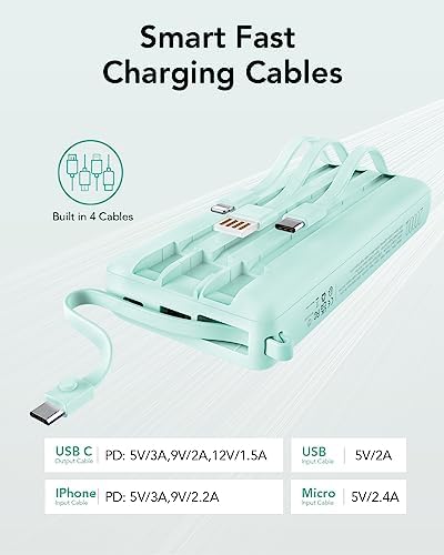 Ultimate 20000 m Ah VRURC Portable Charger with Built-in Cables – Fast Charging Power Bank for Travel, PD & QC 3.0 Compatible, 4 Output Ports & Dual Input, Ideal for i Phone, Samsung, Android Devices – Compact & Durable Battery Pack for On-the-Go Power