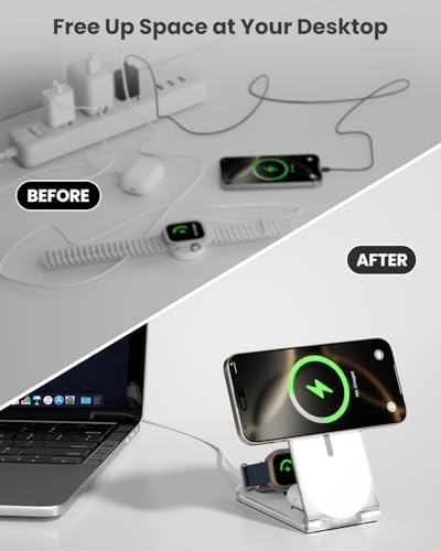 Ultimate 3-in-1 Wireless Charging Station – Foldable Travel Charger for i Phone 16/15/14/13/12, Air Pods & Apple Watch – 20 W Fast Magnetic Charger Stand with Enhanced Mag Safe Compatibility for On-the-Go Convenience