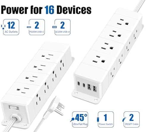 Maximize Workspace Efficiency with the 45 W USB-C Fast Charging Power Strip – 12 Outlets, 4 USB Ports, 1200 J Surge Protection, and 6 FT Flat Extension Cord for Seamless Under Desk Mounting and Enhanced Device Compatibility