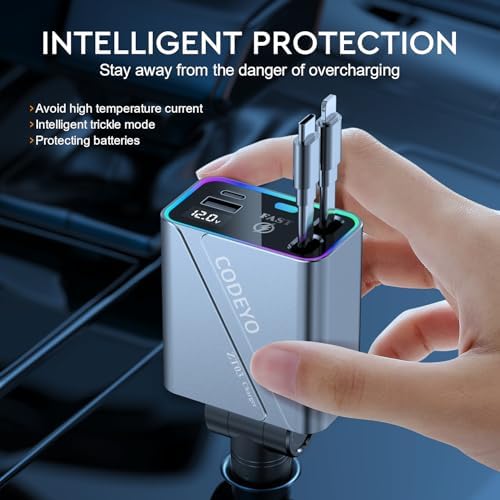 Revolutionary 4-in-1 Retractable Car Charger – 146 W Fast Charging Solution with PD 65 W & 30 W Outputs, 2.9 ft Tangle-Free Cord, RGB Light for Enhanced Visibility, Perfect Compatibility for i Phone 16/15/14/13/12, Android Devices & Laptops – Sleek Gray Design for Modern Vehicles