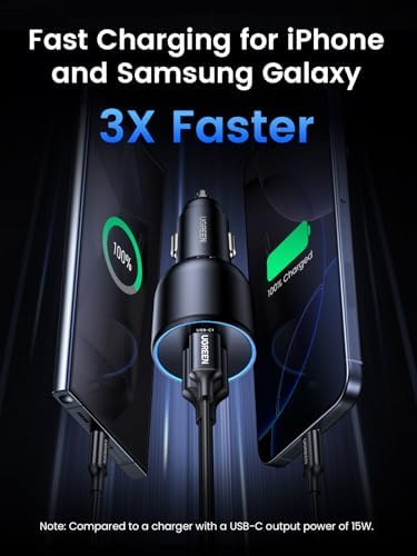 UGREEN 130 W USB-C Car Charger: High-Speed PD 100 W & PD 30 W Dual Ports for i Phone 16, Galaxy S24/S23 Ultra, i Pad & Mac Book – Compact, Safe & Universal Charging Solution for All Devices on the Road