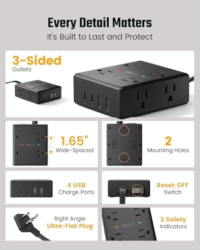 15 Ft Surge Protector Power Strip with 8 Outlets & 4 USB Ports – Wall Mountable Flat Plug Charging Station for Home, Office, and Dorm Room – High-Speed USB-C Compatible Extension Cord for Ultimate Device Connectivity and Safety