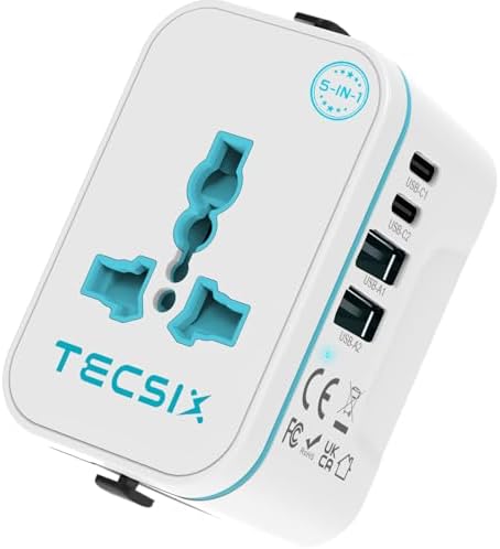 Global Travel Power Adapter with Dual USB-C & USB-A Ports – Compact 240 V AC Charger for International Use in EU, US, UK, AUS – Fast Charging Solution for Modern Travelers – Sleek, Lightweight Design (Black/Blue)
