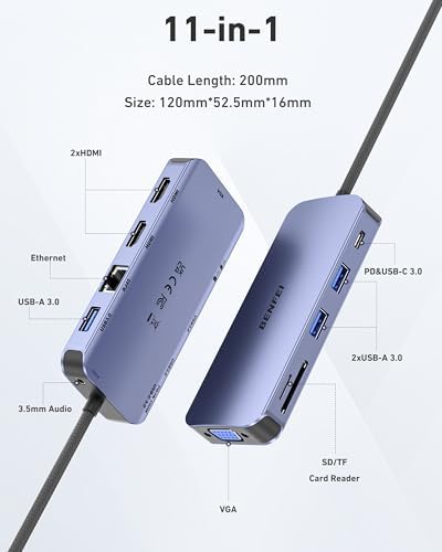 Transform Your Workspace with the BENFEI 11-in-1 USB C Hub – Ultimate Triple Display Docking Station with Dual HDMI, VGA, High-Speed USB 3.0 Ports, and 100 W Power Delivery for Rapid Charging – Essential Accessory for Mac Book, XPS, and Surface Users Seeking Enhanced Productivity and Seamless Connectivity