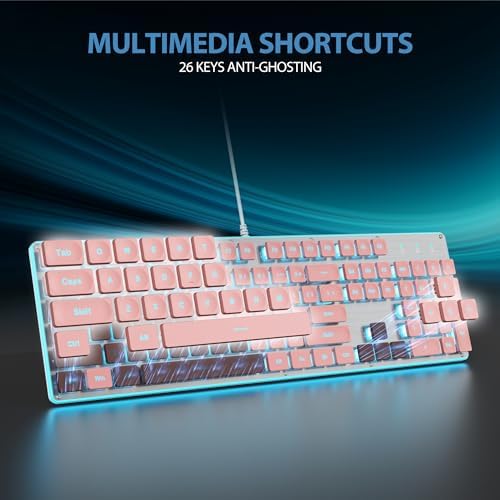 Surmen G1000 Pink Backlit Typewriter Keyboard – Full-Size 104 Keys with Silent Membrane, Durable Metal Panel, USB Wired for Effortless Gaming and Office Use – Stylish, Quiet, and Efficient Typing Experience