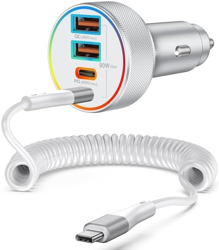 Ultimate 90 W Retractable USB-C Car Charger with 4 Ports – Fast Charging for i Phone 16/15 Pro Max, i Pad, Samsung, Android Devices – 6 FT Coiled Cable Included – Compact Design for Effortless Storage and Travel Convenience