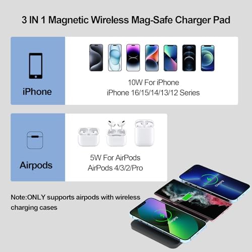 Revolutionary 3-in-1 Magnetic Wireless Charging Pad for i Phone 16/15/14/13/12 Pro/Max/Plus & Air Pods 4/3/2 Pro – Ultra-Fast Mag-Safe Charging Station with Adapter for Seamless Travel & Home Use – Superior Compatibility & Effortless Power Boosts
