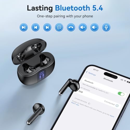 Revolutionary Bluetooth 5.4 Wireless Earbuds with Exceptional 50-Hour Playtime and Powerful Deep Bass – IPX7 Waterproof Design for Active Lifestyles – Sleek Black Charging Case Featuring Battery Indicator for Ultimate Convenience and Durability