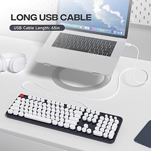 Retro-Inspired Wired Keyboard with Round Keys – Stylish Dark Blue USB Typing Experience for PC & Laptop Users – Ergonomic Full-Size Design for Enhanced Comfort and Productivity – Perfect for Windows Compatibility and Nostalgic Aesthetics