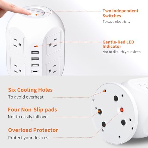 Compact Surge Protector Power Strip Tower with 8 AC Outlets & 4 Fast-Charging USB Ports (1 USB-C) – Aioy 10 FT Flat Plug Extension Cord for Organized Home & Office Use, Black – Ultimate Device Charging Solution for Efficiency and Safety