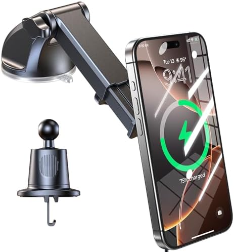 Mag Safe-Compatible Vacuum Suction Car Phone Holder – Versatile Magnetic Mount with Aerospace Alloy Arm for Tesla, Gym, Shower, and Smooth Surfaces – Secure Dashboard/Windshield Screen Solution for i Phone – 360-Degree Rotation for Optimal Viewing Angles and Hands-Free Safety