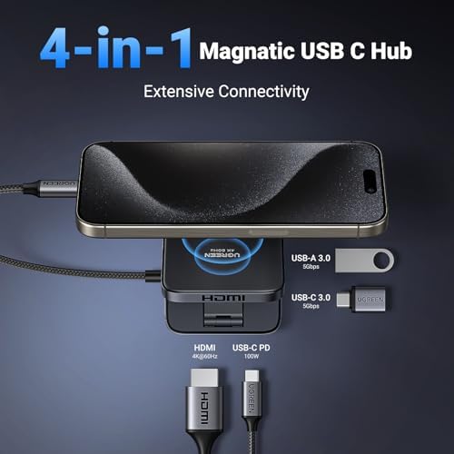 UGREEN 4-in-1 Magnetic USB C Hub – Power-Packed 100 W PD Charging & 4 K@60 Hz Video Adapter for i Phone 15/16 and Galaxy S24 – Dual USB-A & USB-C Ports for Effortless Data Transfer – Travel-Friendly, Foldable Design for Ultimate Portability and Connectivity