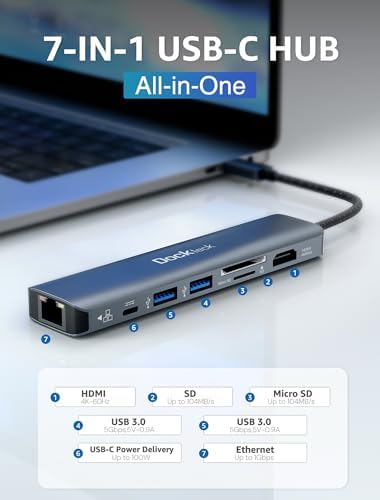 Transform Your Workspace with the dockteck 7-in-1 USB C Hub: Ultimate 4 K HDMI Adapter, Fast Ethernet, and 100 W Power Delivery for Mac Book, i Pad Pro, and XPS – High-Speed Connectivity and Dual SD/TF Card Slots for Enhanced Productivity and Seamless Data Transfer