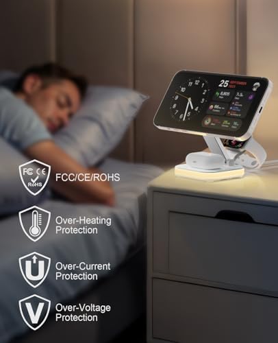 Ultimate 5-in-1 Magnetic Wireless Charging Hub for Apple Devices – Fast 15 W Charging Station with Adjustable Night Light for i Phone 16/15/14/13/12, Apple Watch, and Air Pods – Eco-Friendly, Travel-Ready Design with Advanced Safety Features and 360° Viewing Angles – Complete with Adapter and USB-C Cable