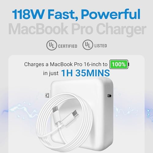 Turbo Charge Your Devices with the 118 W USB-C Power Adapter for Mac Book Pro/Air – 2023/2022 Compatible with Retina M1/M2 and i Pad Pro – Dual High-Power Charging Cables Included – PD 3.0 Technology for Unmatched Speed and Safety – Recharge Mac Book Pro 16” in Just 1 Hour 35 Minutes and 14” to 50% in 30 Minutes – Advanced Overheat and Short Circuit Protection for Worry-Free Use – Ideal for Travel and On-the-Go Charging – CE/FCC/ROHS/UL Certified for Ultimate Reliability – Enjoy a 30-Day Money-Back Guarantee and 12-Month Warranty – Elevate Your Charging Experience Today!