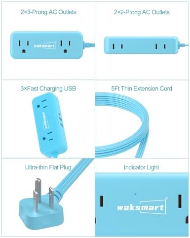 Sleek Flat Plug Power Strip with 5 Ft Extension Cord – 4 AC Outlets & 3 Fast-Charging USB Ports (5 V/3.4 A) – Compact Travel-Friendly Power Solution for College Dorms, Home Offices, and On-the-Go Charging – Maximize Space and Connectivity