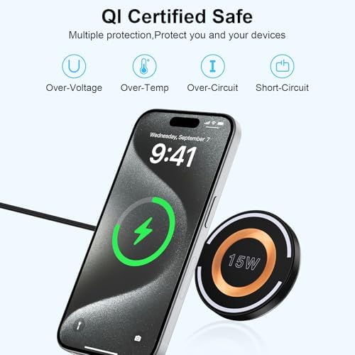 15 W Qi Wireless Charging Pad for Fast Charging – Compatible with i Phone 15/16/14/13/12, Samsung Galaxy S23/S24/S25/S21/S20, Google Pixel 9/8 XL, and Moto Edge – Sleek, Portable Design with Intelligent Overheating Protection and Non-Slip Surface for Hassle-Free Power Solutions