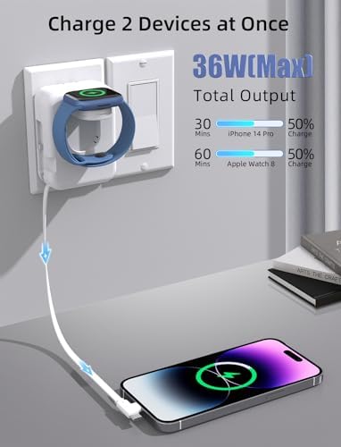 Compact 36 W 2-in-1 i Phone & Apple Watch Charger – Retractable Travel Wall Charging Block for i Phone 16/15/14/13/12/11 & All Apple Watch Models – Sleek White Design for Effortless Portability & Rapid Charging – Essential Accessory for Tech Enthusiasts