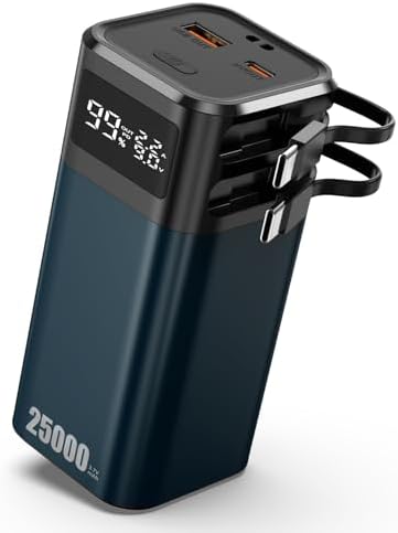 High-Capacity 25000 m Ah Power Bank with Advanced EV 4680 Battery Technology – Ultra-Fast Charging Portable Charger Featuring Built-in USB-C Cable and 4 Ports for Simultaneous Multi-Device Charging – Ideal for i Phone 16/15 Pro Max, i Pad, Galaxy and More – Exceptional Performance for On-the-Go Power Needs