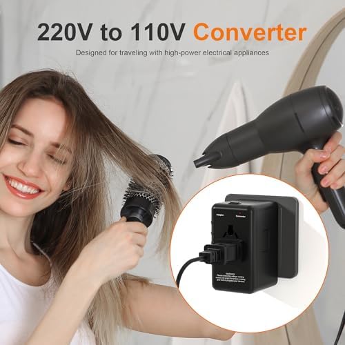 Global Voltage Converter & Universal Travel Adapter – Effortlessly Transform 220 V to 110 V for Safe Use of US Appliances Abroad with Enhanced Durability and Compact Design for High-Wattage Devices like Hair Dryers – Your Essential Travel Companion for Seamless International Power Solutions