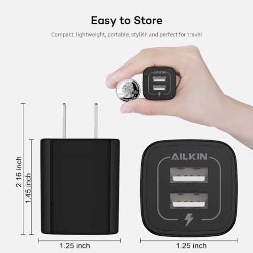 AILKIN Dual Port USB Wall Charger 2-Pack – 2.1 A Fast Charging Adapter for i Phone 15/14/13/12/11 Pro, Samsung Galaxy S23/S22/S21 – Compact Power Block with Quick Charge Technology – Universal Compatibility & Safety Features for Home and Travel