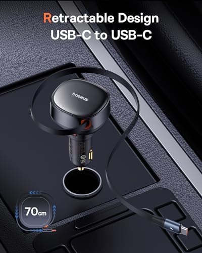 Baseus 33 W Retractable Dual USB-C Car Charger – Fast Charge Your Samsung Galaxy & Tablets on the Go, Sleek Black Design, Compact & Portable, Enhanced Safety Features for Effortless Travel Power Solutions