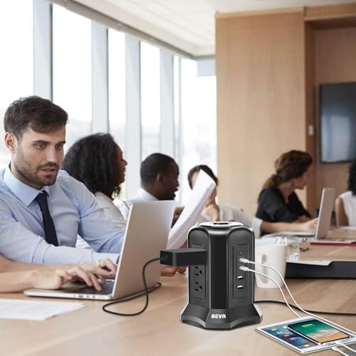 BEVA Tower Surge Protector Power Strip: 9 AC Outlets & 4 Fast-Charging USB Ports for Ultimate Device Connectivity, 6.5 FT 18 AWG Extension Cord with 3-Prong Flat Plug – Ideal Desk Charging Station for Office, Dorm & Home Use, Ensuring Safety & Efficiency