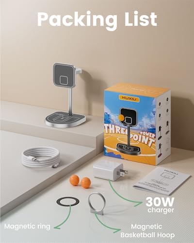 Innovative 3-Point Power 3-in-1 Charging Station for Apple Devices – Sleek Aluminum Alloy Magnetic Wireless Charger Stand with Mini Basketball & Hoop, Perfect for i Phone 16/15/14/13/12, 5 W Apple Watch & Air Pods Charging, Compact Black Design for Enhanced Speed and Style