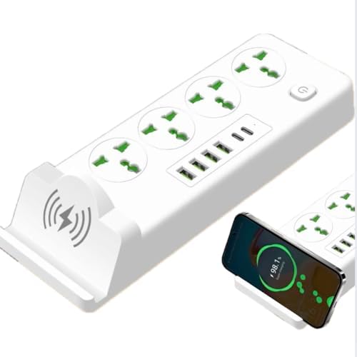 Universal Power Socket with Wireless Charging Pad – Multi-Device Desktop Charging Station Featuring 4 AC Outlets, 4 USB Ports & 2 Type-C Ports, Fire-Resistant Design for Enhanced Safety – Ideal for Home, Office, and Travel Use