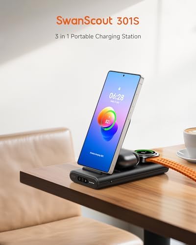 Advanced 3-in-1 Wireless Power Bank for Samsung Devices – Swan Scout 301 S, 10,000 m Ah Portable Charger with Fast USB-C Charging for Galaxy S25 Ultra/S24/S23/S22, Galaxy Watch Ultra/7/6/5/4, and Galaxy Buds – Unmatched Versatility with Intuitive Charging Indicators for Effortless On-the-Go Power Solutions