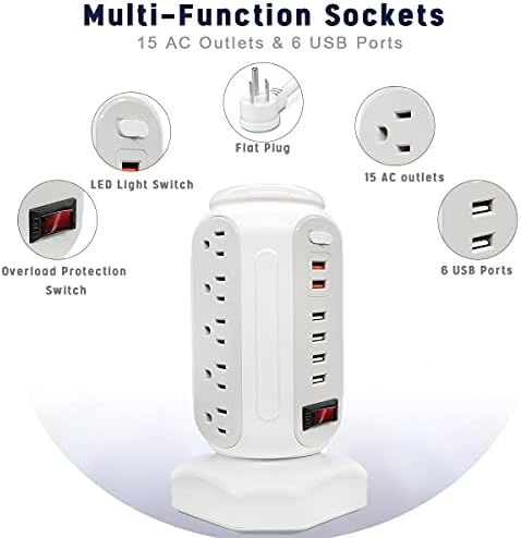 Ultimate Power Strip Tower with 15 Outlets & 6 USB Ports – Surge Protector with Vibrant LED Indicator & Rapid Charge Technology – 6.5 ft Heavy-Duty Extension Cord for Home Office & Entertainment Hub – Versatile Desktop Charging Solution for All Devices