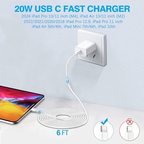 Rapid USB-C Fast Charger for i Pad Models – 20 W PD Wall Adapter with 6 FT Cable for Efficient Charging of i Pad Pro, Air, and Mini – MFi Certified, Compact Design for Travel, Enhanced Compatibility and Safety Features