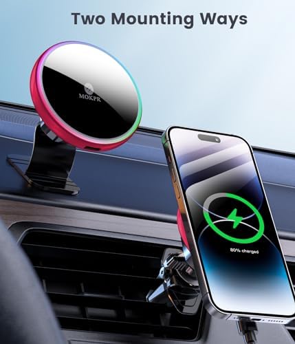 MOKPR 15 W Mag Safe Car Charger & Magnetic Phone Holder – Effortless Fast Wireless Charging with Dynamic LED RGB Lighting for i Phone 15/14/13/12 Series – Stylish Dash & Air Vent Mount for Enhanced Driving Experience and Convenient Accessibility