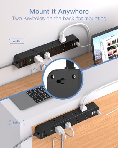 15 ft Heavy-Duty Extension Cord with Surge Protection | 8 AC Outlets & 3 Fast USB Ports | Flat Plug Wall Mount Power Strip for Home & Office | ETL Certified Charging Station for Safe, Efficient Device Management