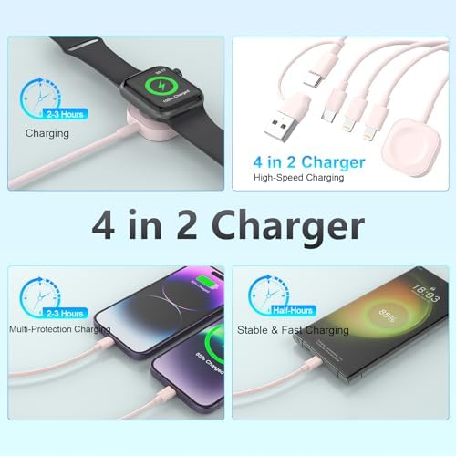 Universal 4-in-2 Travel Charging Cable – 6 FT Versatile Connector for Apple Watch, i Phone, Android Devices, i Pad & Air Pods – Stylish Pink Design for Effortless Portability – Fast Charging & Enhanced Compatibility for All Your Tech Needs – Essential Travel Accessory for Modern Device Users