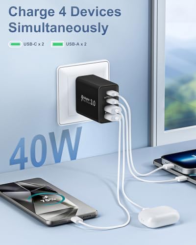 Dual-Pack 40 W USB C Charger Block – Fast Charging Power Adapter with 4 Ports for i Phone, Samsung, and i Pad – High-Speed Multi-Device Charging Solution with Enhanced Compatibility and Portability – Perfect for Home, Office, and Travel