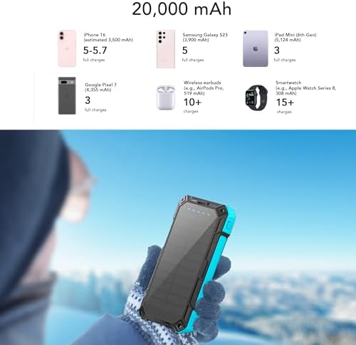 Ultimate Outdoor Solar Power Bank – 20,000 m Ah High-Capacity Charger with Integrated USB, Micro USB & Type-C Cables, Waterproof Design, 15 W Wireless Charging & 12 V Turbo Charge Technology (Blue) for Adventurers and Daily Users – Unmatched Durability & Versatile Compatibility