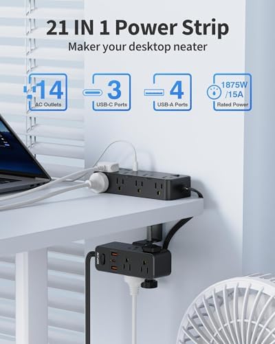 Maximize Your Workspace Efficiency: Dual Layer Desk Clamp Power Strip & Surge Protector with 17 AC Outlets and 7 USB Ports (3 USB-C) – 10 ft Extension Cord for Flexible Setup, 1700 J Protection – Ultimate Space-Saving Charging Station for Home and Office